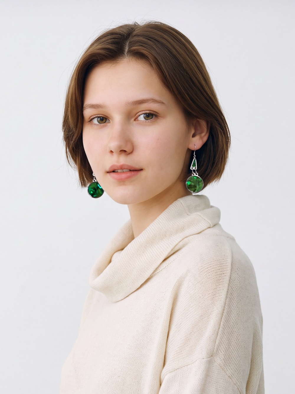 Green abalone shell dangle earrings two tiered geometric drop structure